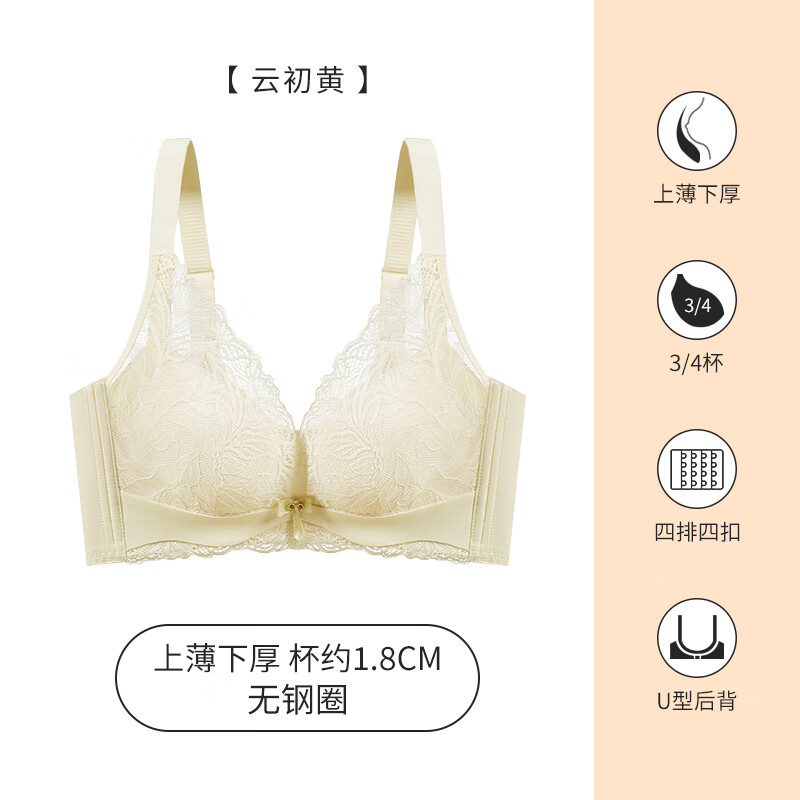 爱戴聚拢文胸女新款升级2.0手掌杯无钢圈小胸显大收副调整型蕾丝内衣 云初黄 85B