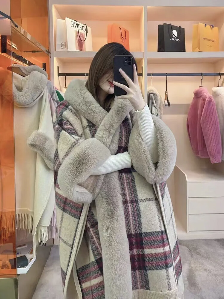 针织开衫冬季毛领加绒加厚粗毛衣斗篷外套女秋冬网红披肩外搭高端 粉红色 XL 建议体重135-155斤穿