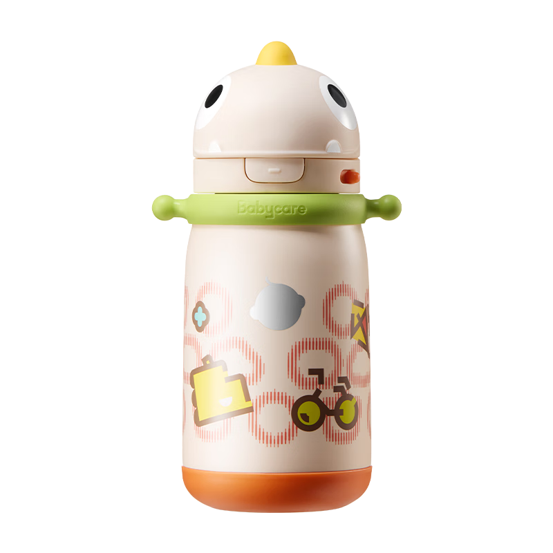 babycare儿童保温杯大宝宝学饮吸管水杯水壶霸王龙不锈钢保温杯上学 恐龙背带款+吸嘴-光电青 450ml
