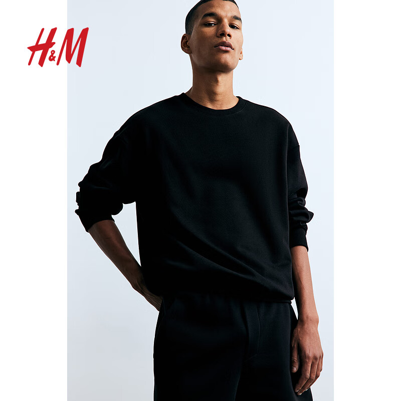 H&amp;M男装女装卫衣春季落肩宽松加绒美式落肩袖情侣套头衫0970818 黑色 L 175/108