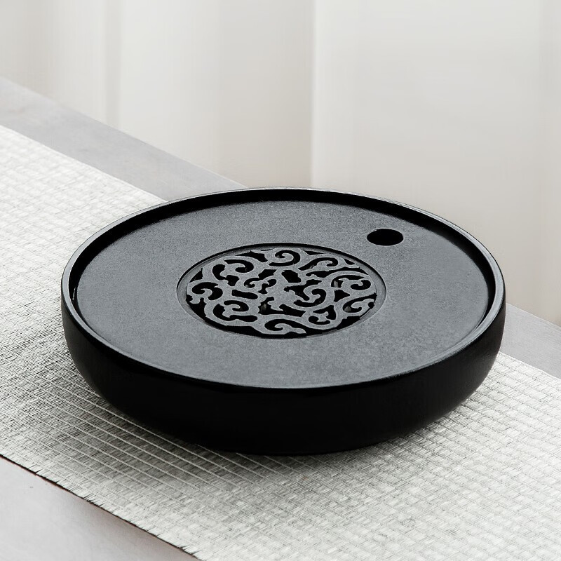 金鑲玉陶瓷茶盤圓形簡約現(xiàn)代家用小型茶臺干泡茶盤茶海儲水式茶具 祥云雙圓茶盤