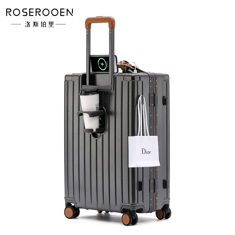 洛斯伯里(Roserooen)行李箱拉杆箱女20寸登机箱铝框旅行箱男刹车多功能万向轮密码箱 枪灰色-减震刹车-折叠杯架 24英寸 京东折扣/优惠券