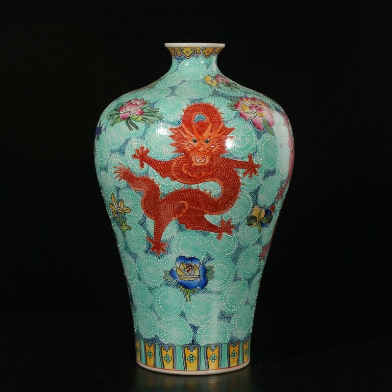鸿瑀 景德镇陶瓷花瓶仿古珐琅彩粉彩绿釉五龙图梅瓶 古典手绘家居工艺