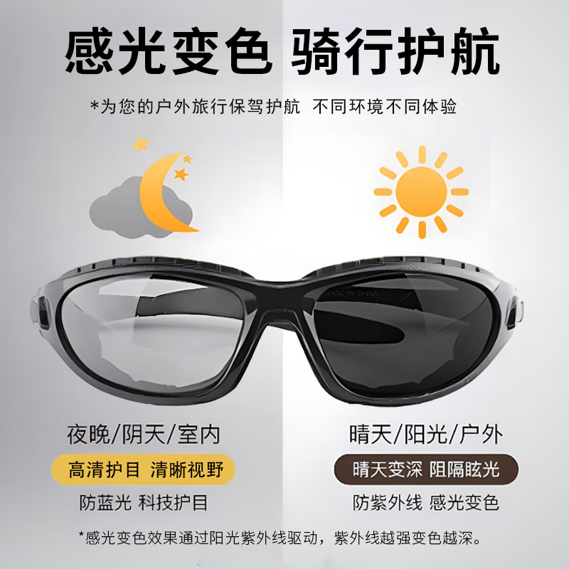 镜呗摩托骑行眼镜防紫外线偏光变色墨镜休闲跑步防风沙眩光驾驶护目镜 磨砂黑框【日夜两用变色款】