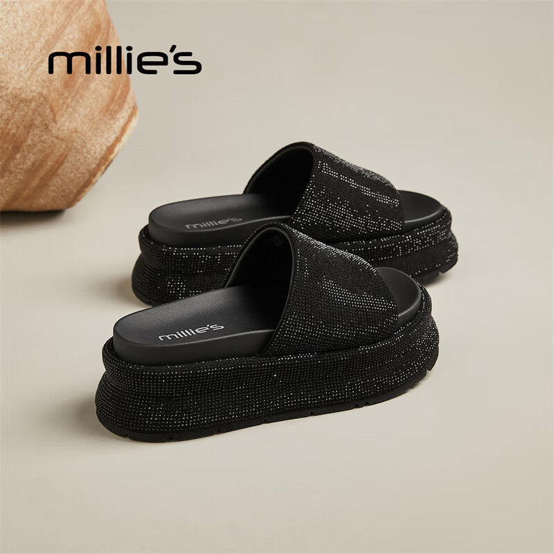 妙丽拖鞋女厚底外穿露趾细钻时尚2025夏季新款百搭配裙子半拖鞋 黑色 37 (235mm) 标准码