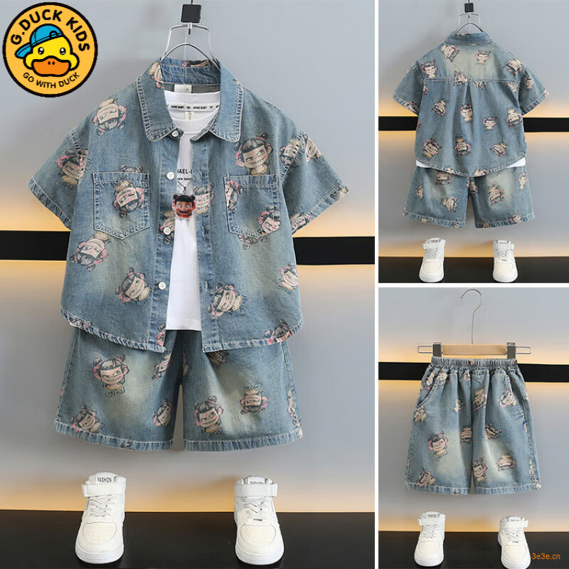 G.DUCKKIDS男童夏裝短袖套裝2025新款酷帥氣兒童牛仔衣服男孩夏天休閑兩件套 兩件套 90 cm