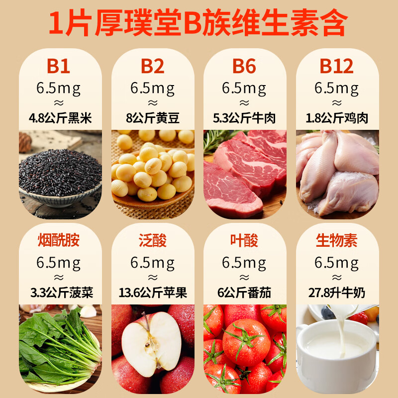 厚璞堂B族维生素片复合片多种vb烟酰胺叶酸生物素泛酸b1b2b6b12 1盒装