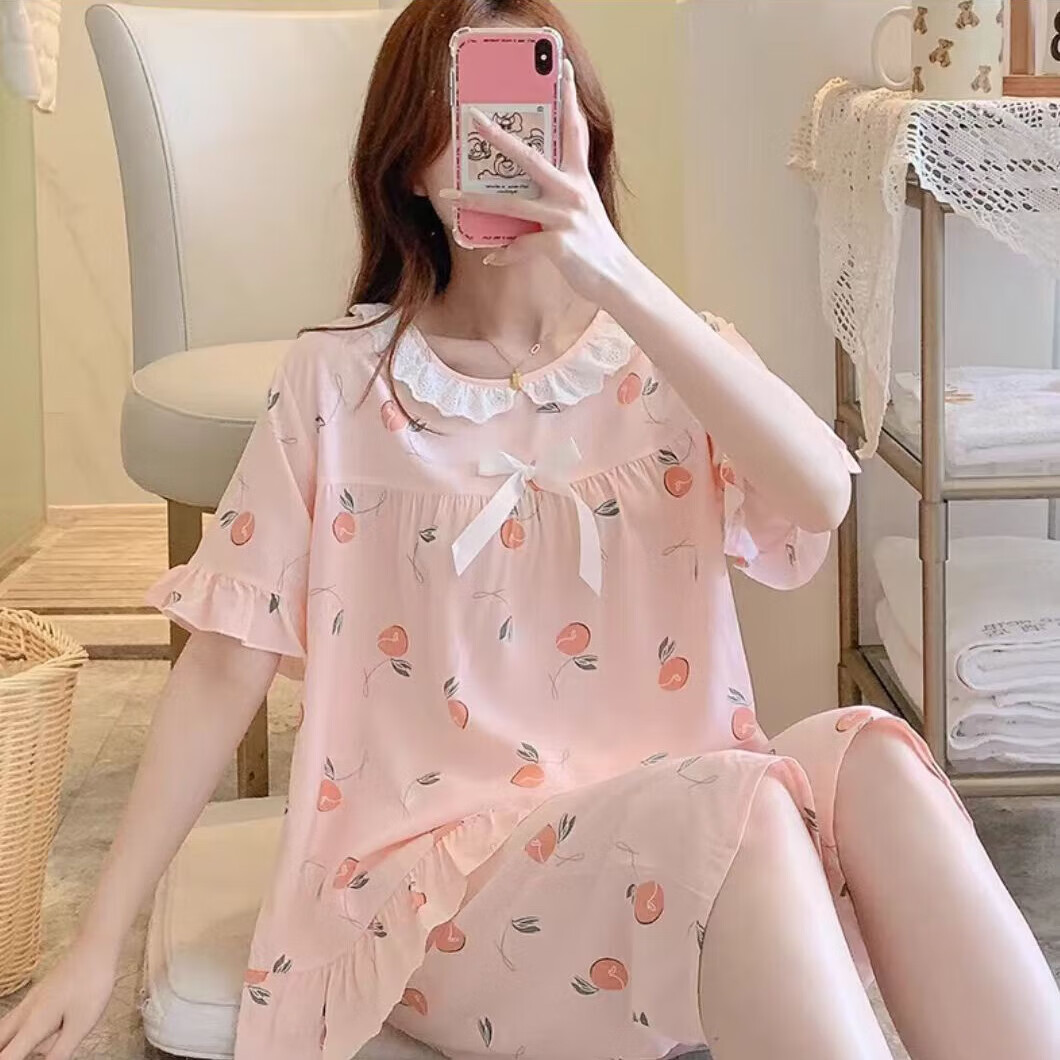 玄琰棉綢睡衣女式睡衣夏款夏季薄款棉綢女士睡衣套裝大碼休閑甜美綿綢 26015粉小熊 2XL (138-150斤)
