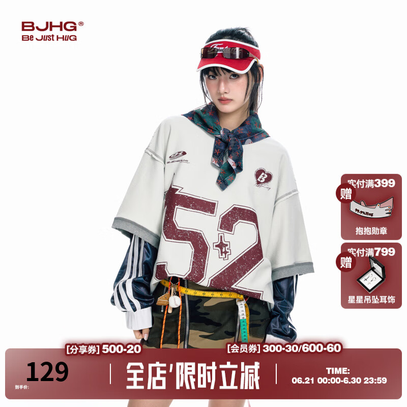 BJHG不计后果美式棒球t恤短袖男款夏天潮牌白色做旧复古运动T恤半袖女 白灰色 L