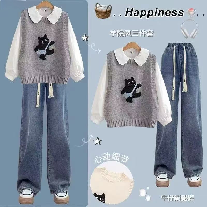 欧颖慕女童套装春季新款女大童马甲牛仔阔腿裤三件套初高中生春装衣服潮 【三件套】米白色马甲+衬衫+牛仔裤 165 （L）码 【建议105-120斤】