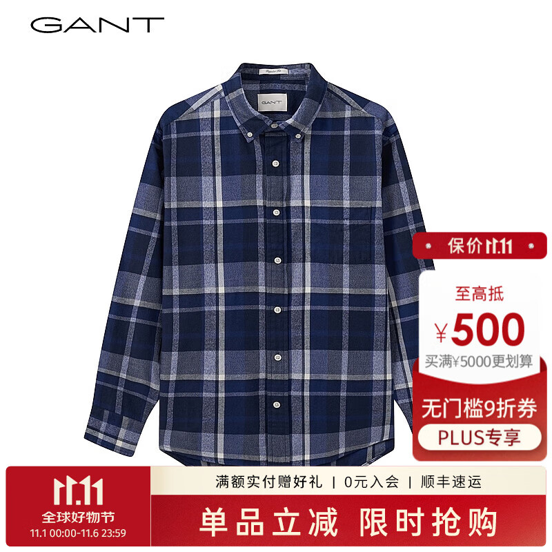 GANT【亚洲版型】甘特春季新款法兰绒格纹翻领舒适百搭复古男衬衫 410海军蓝 XL