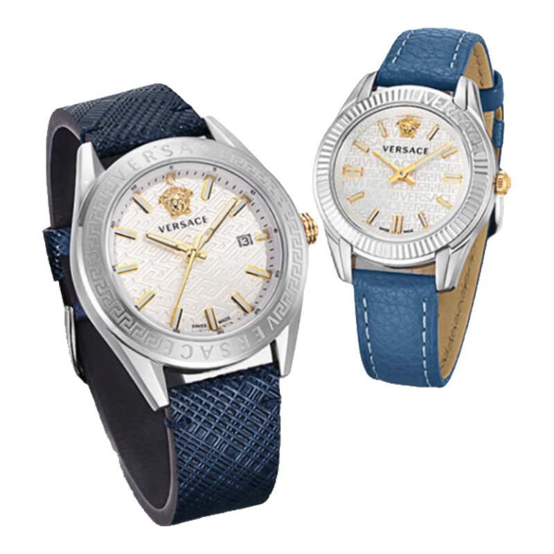 范思哲（VERSACE）時(shí)尚情侶對表夜光石英小牛皮休閑腕表 生日禮物結婚禮物 藍色圖騰雕面