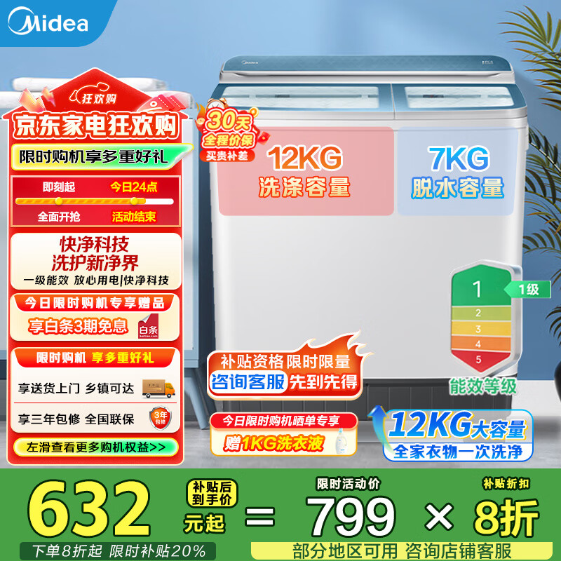 美的(Midea)双桶洗衣机12kg洗+7kg脱大容量家用品质双电机同洗同脱分区洗涤一级能效 MP12S166A