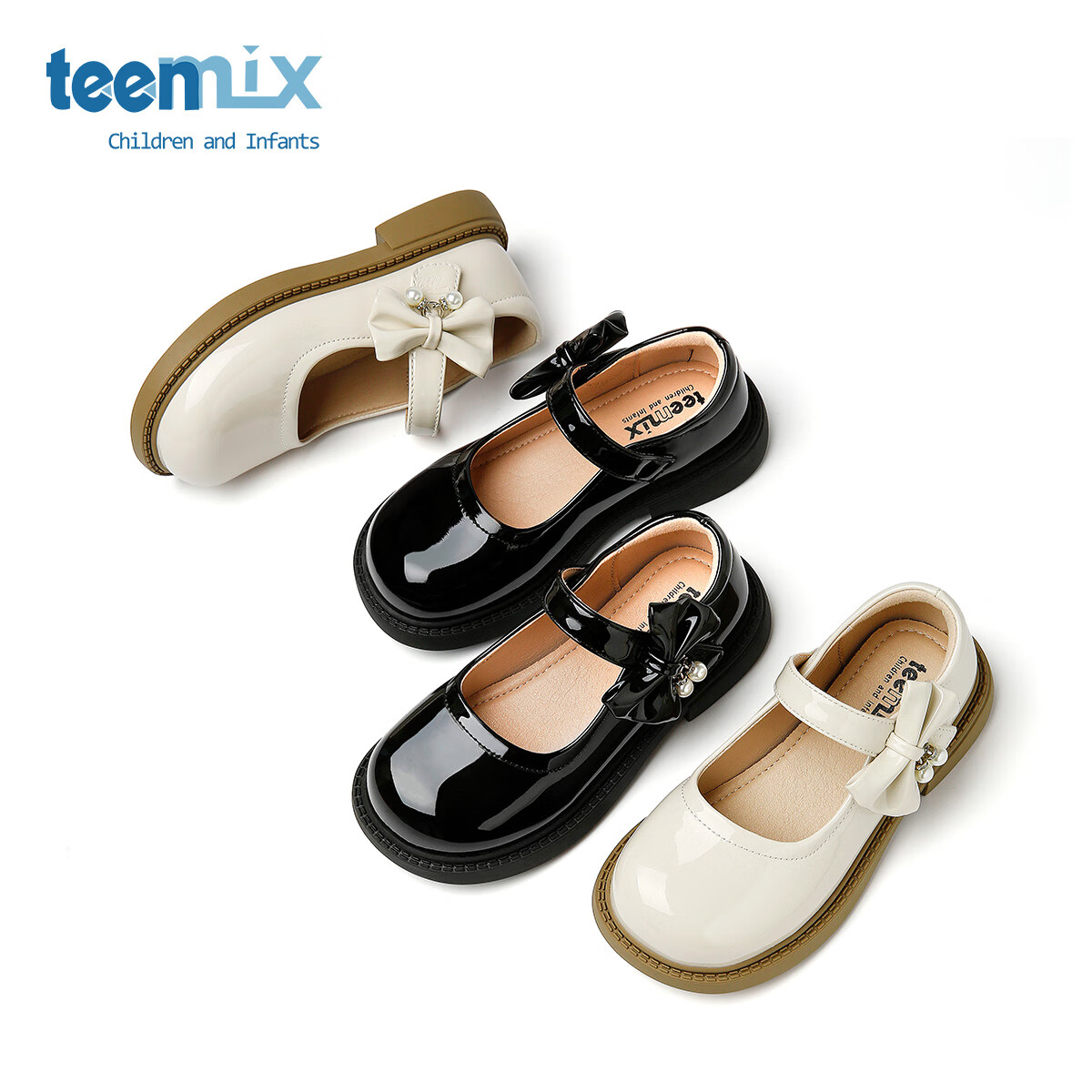 天美意天美意儿童2025秋季新款女童中大童软底女孩时尚百搭蝴蝶结小皮鞋 黑色 35