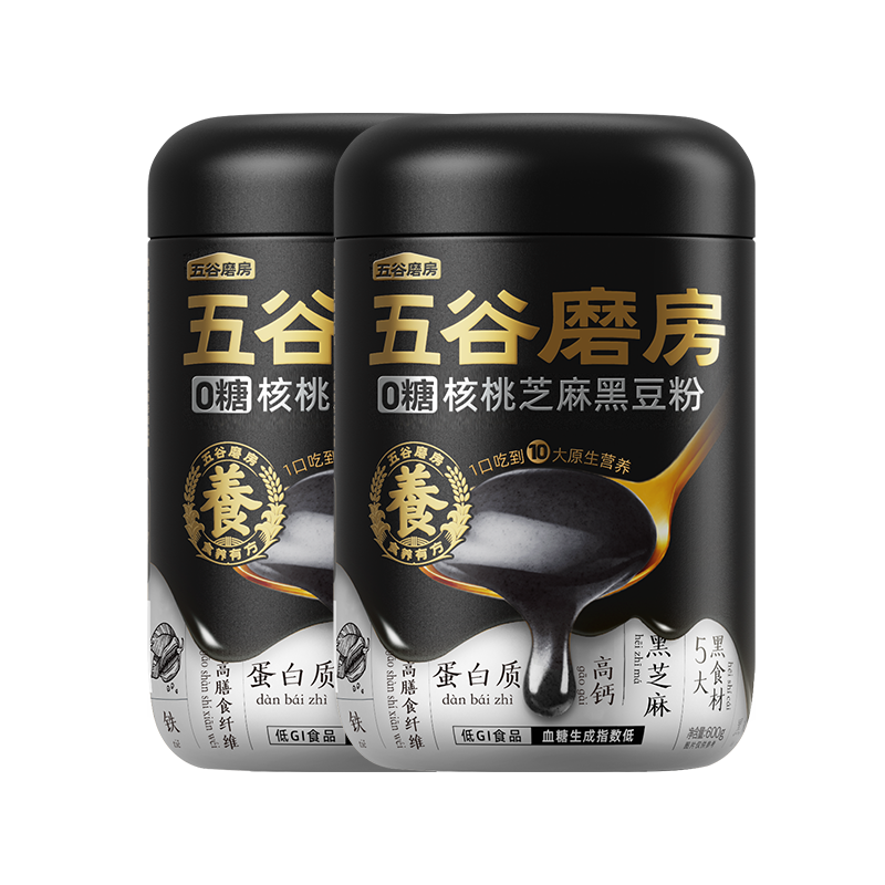 五谷磨房核桃芝麻黑豆粉黑芝麻糊黑之養(yǎng)五黑粉600g*2罐無糖版