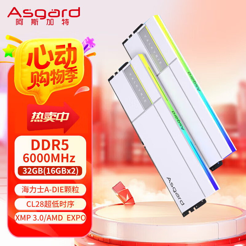 阿斯加特女武神二代 64GB(32GBx2) DDR5 6400 台式机内存条 女武神·瓦尔基里II代 RGB灯条 海力士A-die CL 6000 C28 女武神II-极地白 A-die 32GB 