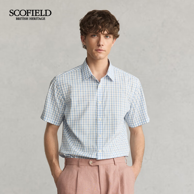 Scofield男士25夏季新品舒适纯棉时尚通勤清新小格子短袖衬衫 蓝色 M (170) 京东折扣/优惠券