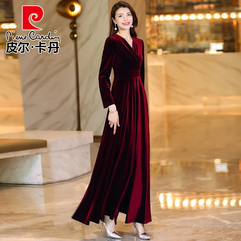 皮尔卡丹高档气质春秋长袖金丝绒演出走秀旗袍礼服长裙宽松显瘦时尚大摆裙 酒红色 2XL 建议119-129斤 京东折扣/优惠券