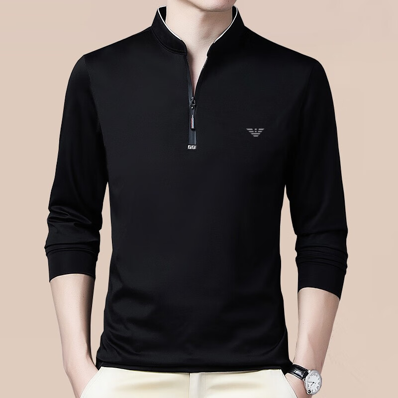 AX阿玛尼高端品牌2025新款男士长袖t恤纯.棉秋季休闲纯色立领拉炼打 黑色 M 165