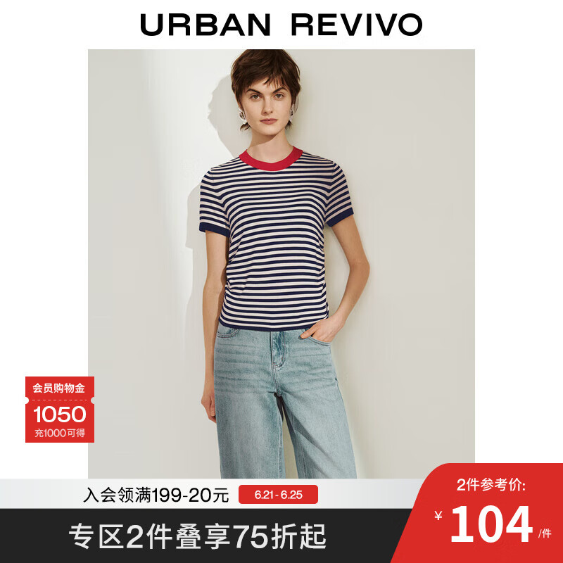 UR2025夏季新款女装休闲撞色条纹圆领短袖针织衫UWM950037 宝蓝条纹 L