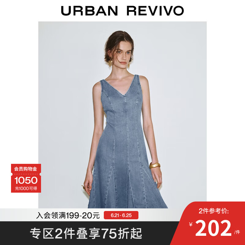 UR2025夏季新款女装复古V领后拉链牛仔连衣裙UWG850135 蓝色 S