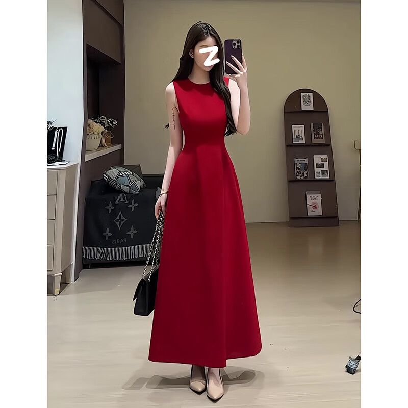 GARNUO红色无袖连衣裙子女夏季法式高级感订婚礼服裙敬酒服收腰显瘦长裙 红色【无袖长款】 S 【80-100斤】