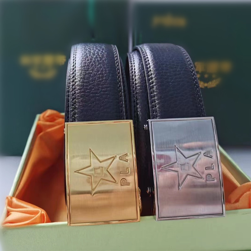 真牛皮军迷内腰带男士自动扣裤腰带退伍纪念皮带 l金色将军腰带