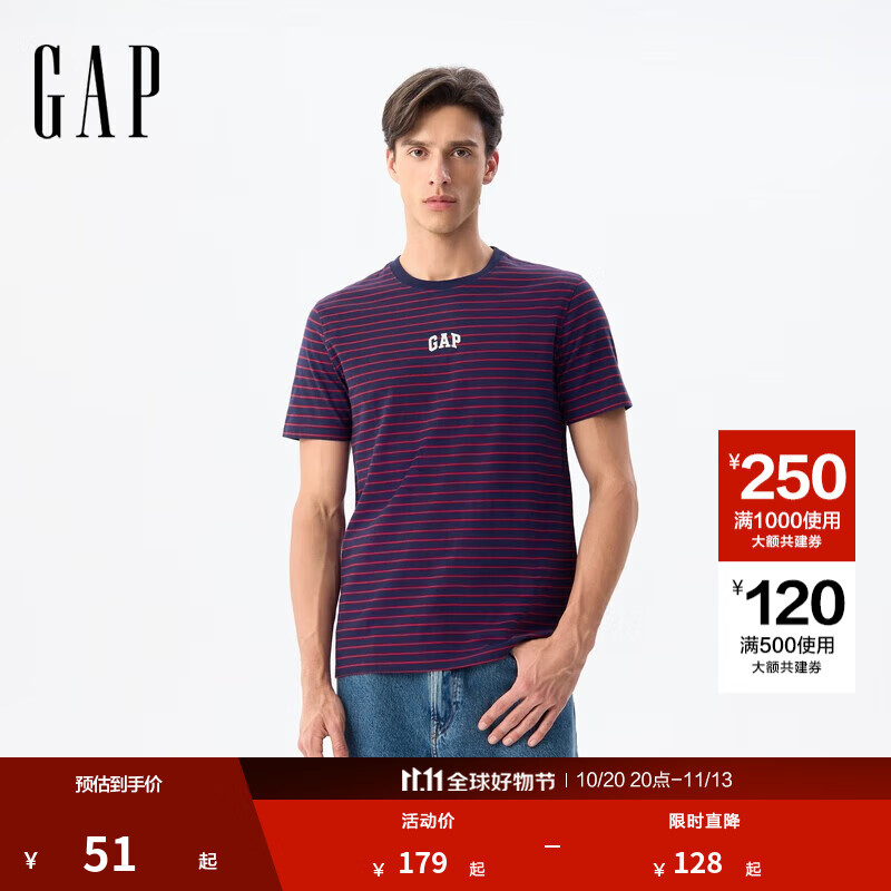 GAP男女装2025春季新款纯棉条纹圆领短袖T恤常规上衣美版 红色条纹 768022 L 美码 XL亚洲码185/104A