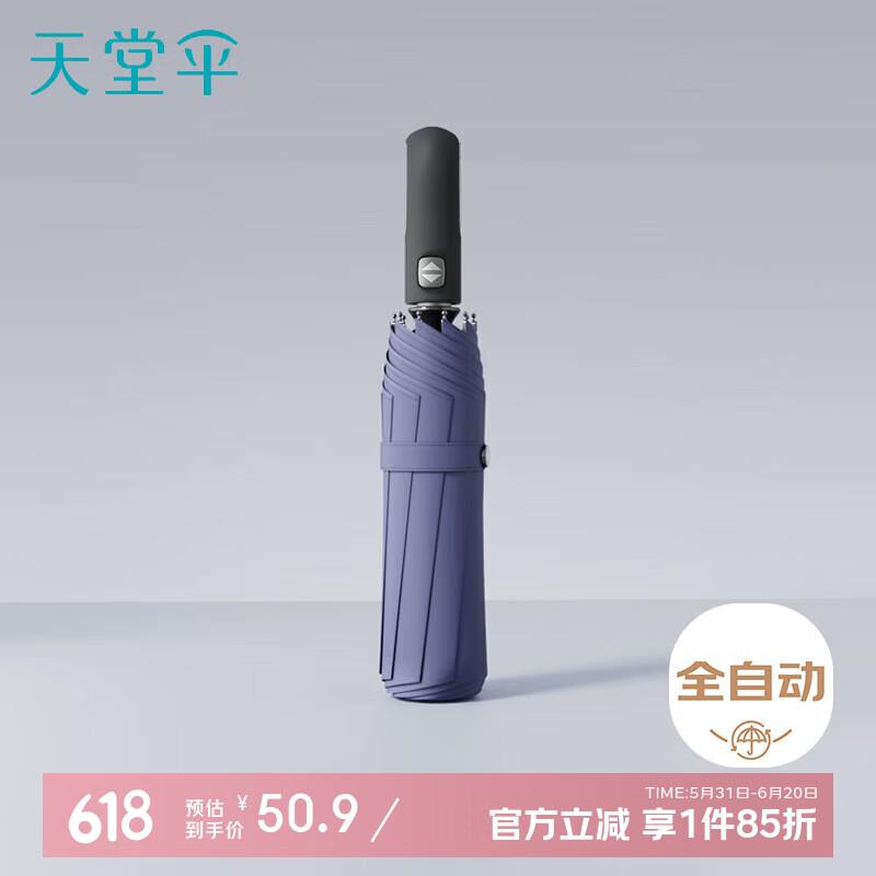 天堂 全自动雨伞三折 10骨加固一键开收易甩干简约晴雨伞 兰灰