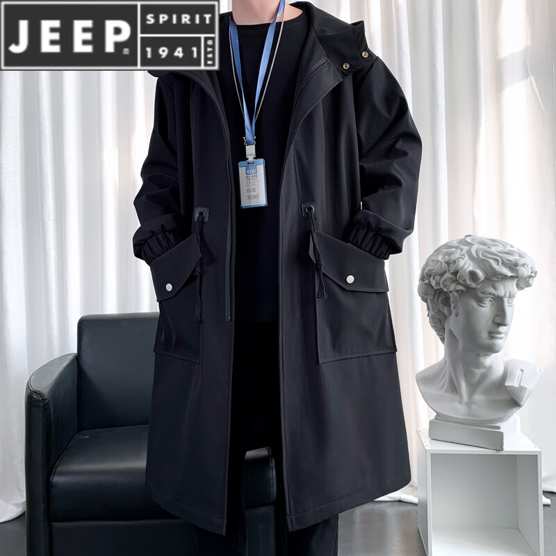 JEEP SPIRIT风衣男生春秋季连帽中长款男装宽松休闲过膝大衣冬款加绒加厚外套 黑色-994 春秋 L 【120-150斤】