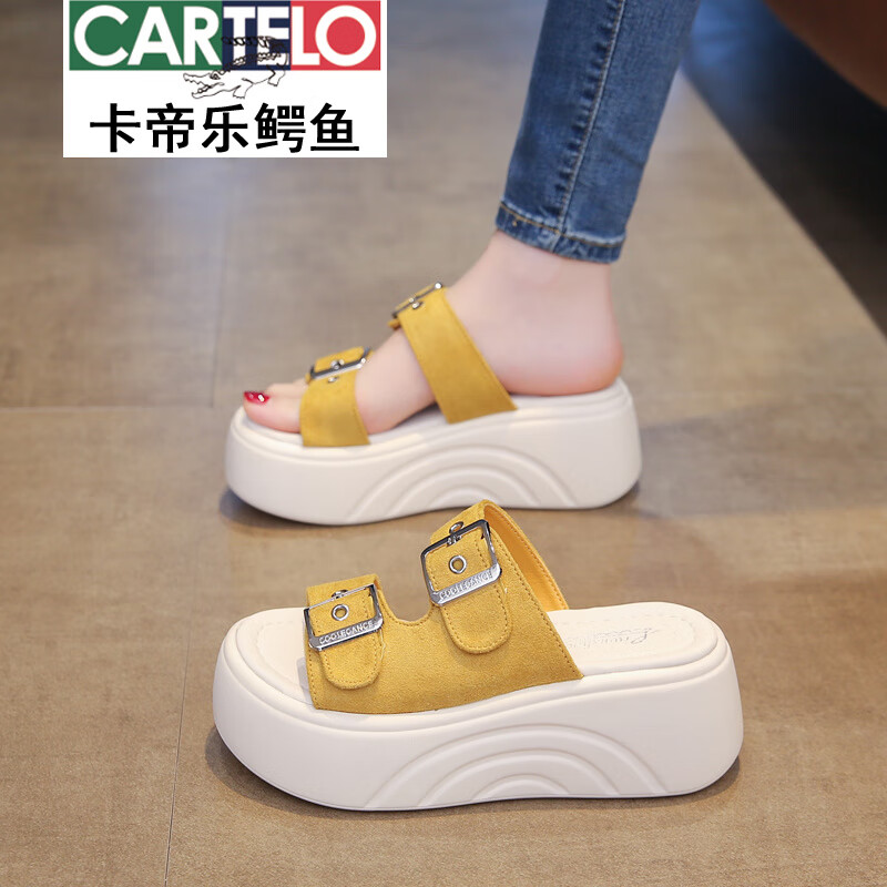 卡帝乐鳄鱼（CARTELO）松糕厚底增高凉拖鞋女夏季外穿2026新款仙女风休闲度假海边沙滩鞋 黑色 40