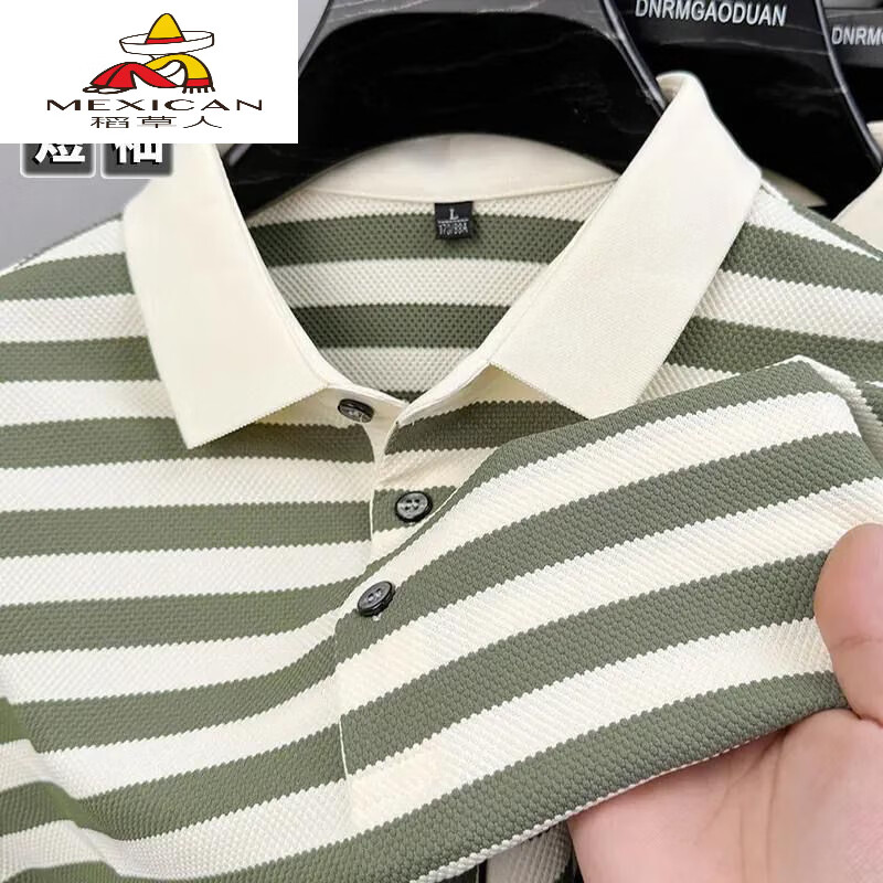 稻草人(MEXICAN)正品夏季新款男士純棉短袖T恤中年條紋POLO衫休閑時(shí)尚T體恤上衣男 203短袖綠色 M 165推薦100120斤