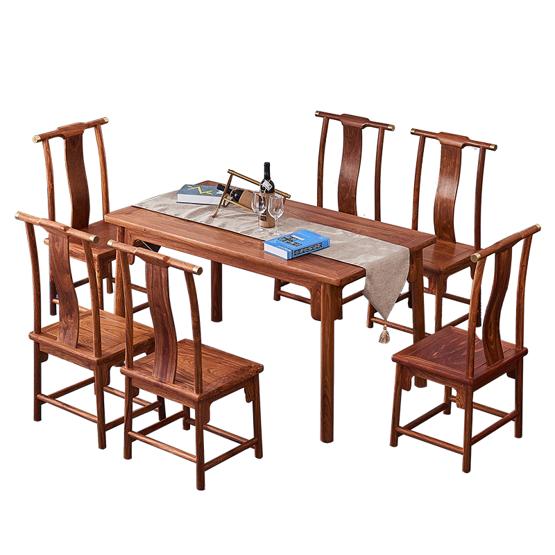 质木匠 红木家具非洲花梨(学名:刺猬紫檀)实木餐桌椅组合长方形餐台中式饭桌古典餐厅家具 【1桌6椅】