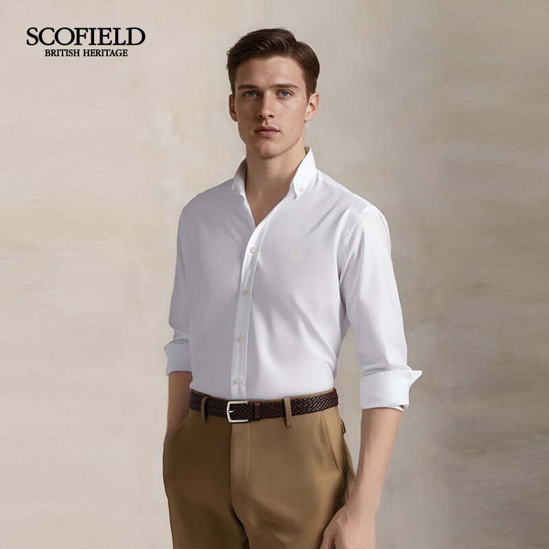 Scofield男士秋季新款商务通勤前胸精致狮子刺绣百搭长袖衬衫 白色 L (175)