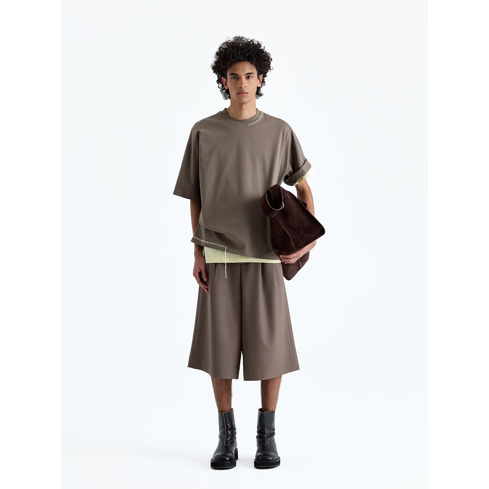 NANS STUDIO 300G新疆长绒棉手工缝线流苏设计窄圆领廓形短袖TEE NS9A11 FAWN / 沙驼 预售 S