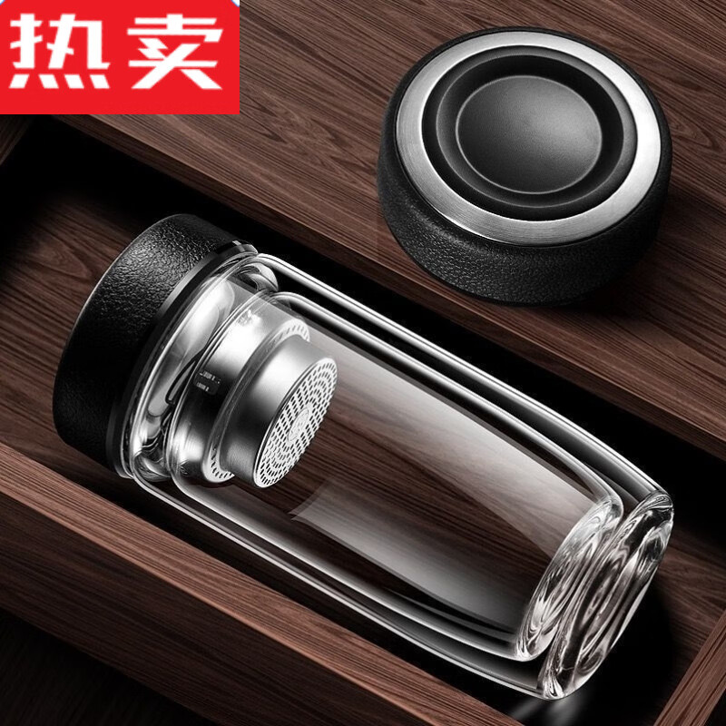 Count Qiabei日本进口品质摔不烂的玻璃茶杯耐高温双层钢化保温杯水杯男款防摔 弧度400ml皮纹黑【0010余生很贵 高硼硅玻璃