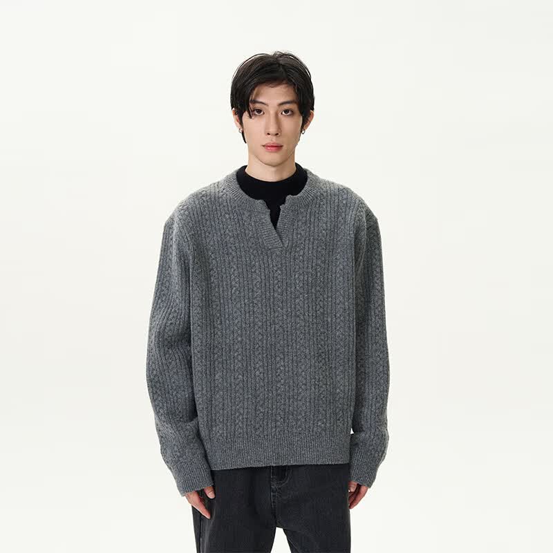 尾郎的店美式复古麻花设计感毛衣男慵懒高级感亨利领针织衫情侣潮新年 灰色 S