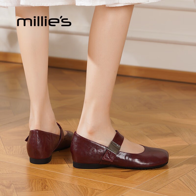 妙丽玛丽珍鞋女低跟真皮浅口复古圆头时尚2025夏季新款百搭配裙子单鞋 酒红色 38 (240mm) 标准码
