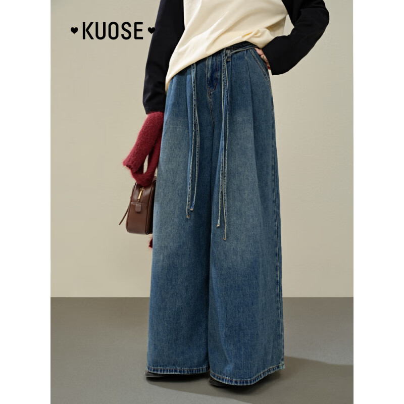 闊色（kuose）闊色藍色復古闊腿寬松美式高腰牛仔褲女2025春夏季新款直筒褲子 牛仔藍2005現(xiàn)貨 S 26