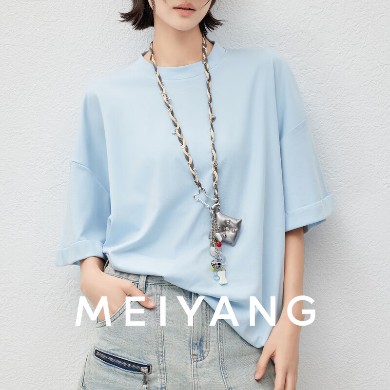 美洋（MEIYANG）翻亿翻T恤 双面丝柔棉_男女宽松圆领短袖上衣 蓝色 S