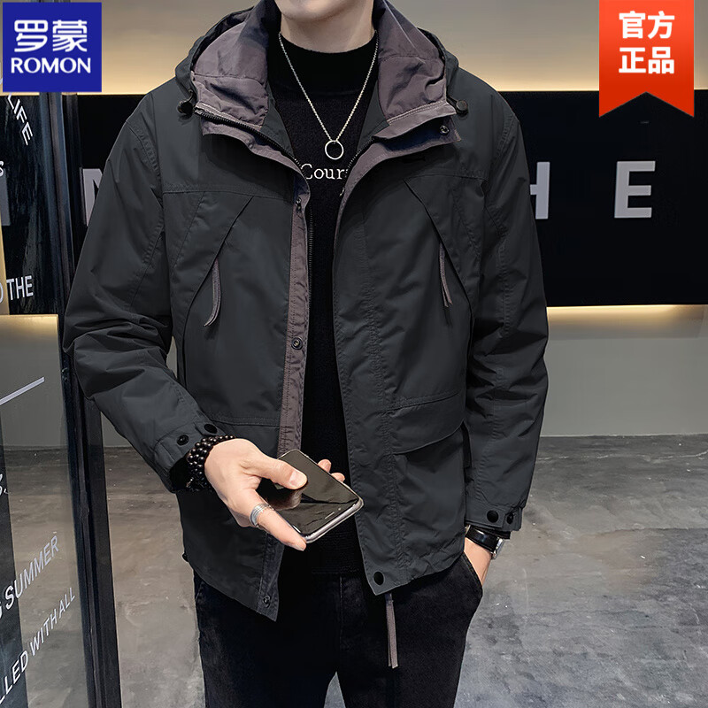 罗蒙（ROMON）外套男秋冬季2026年新款潮牌冲锋.衣男双层休闲连帽工装夹克上衣 黑色 M 建议100-120斤