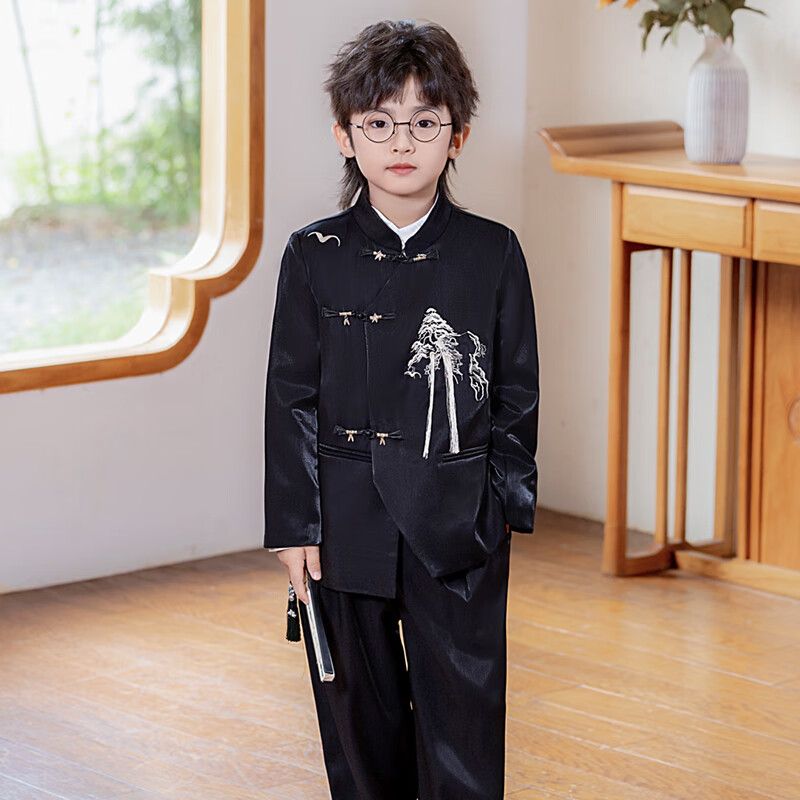 蘿卜唄唄新中式兒童禮服古風(fēng)中秋漢服唐裝中山裝朗誦小主持人演出服表演服 黑色上衣+長褲 （無襯衫） 130 建議體重45-54斤