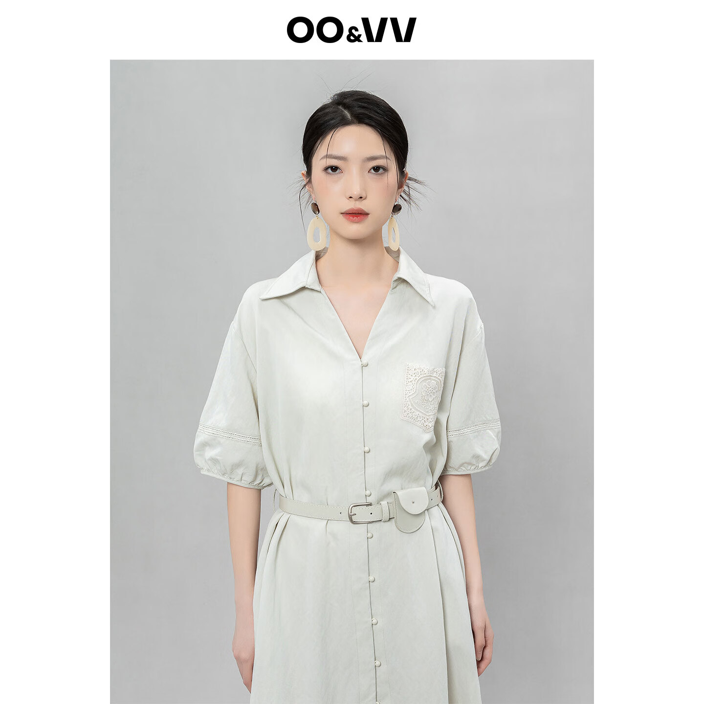 OO&VV法式蕾丝口袋休闲风衬衫领泡泡袖系带收腰长款连衣裙女夏新 莫奈灰 M