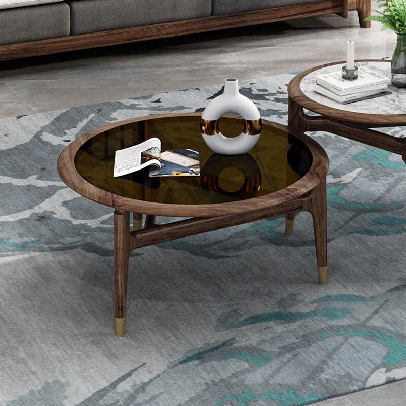 茶几组合新中式客厅家具乌金木玻璃面现代简约岩板茶几 圆茶几wzk2012