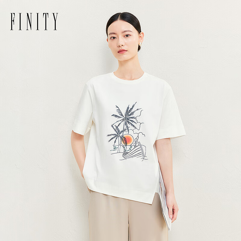 菲妮迪（FINITY）T恤2025年夏季新款简约休闲印花百搭套头短袖上衣女 白色 S