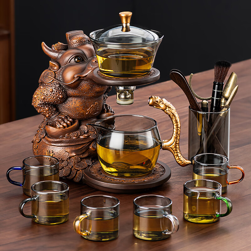 正扬整套玻璃自动茶具套装懒人创意泡茶器磁吸防烫家用高档茶壶功夫杯 烟灰/自动进宝金蟾+6色杯+茶道