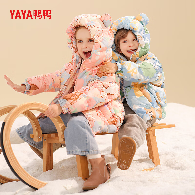 鸭鸭男童女童连帽羽绒服中小童宝宝加厚外套儿童冬装新款童装潮 蓝色 140