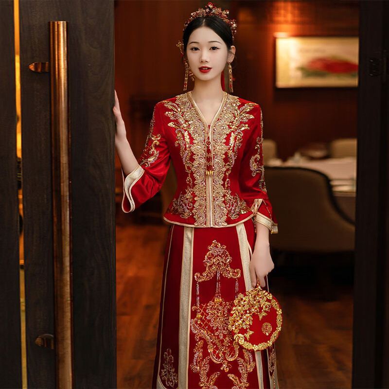 勤馳大碼秀禾服新娘禮服200斤胖mm領(lǐng)胖0斤顯瘦結(jié)婚嫁衣中式婚紗出閣服 V領(lǐng)緞面重工版 S 均碼