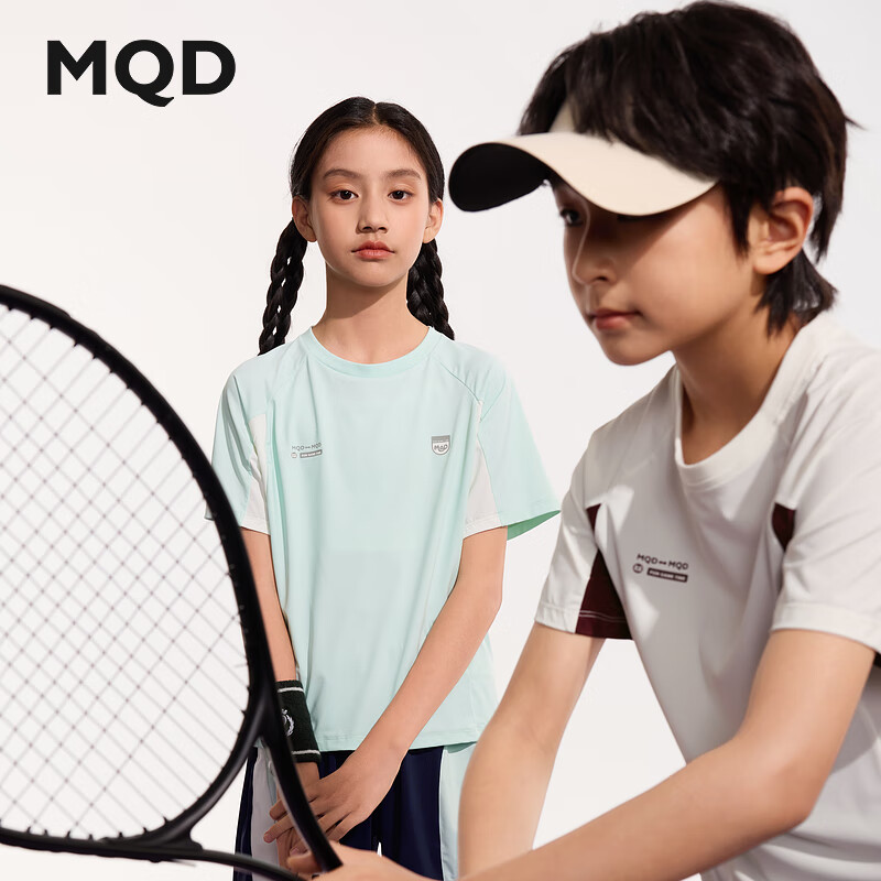 马骑顿（MQD）男童夏季新品运动亲肤透气上衣女童插肩袖撞色短袖T恤儿童 薄荷绿 140