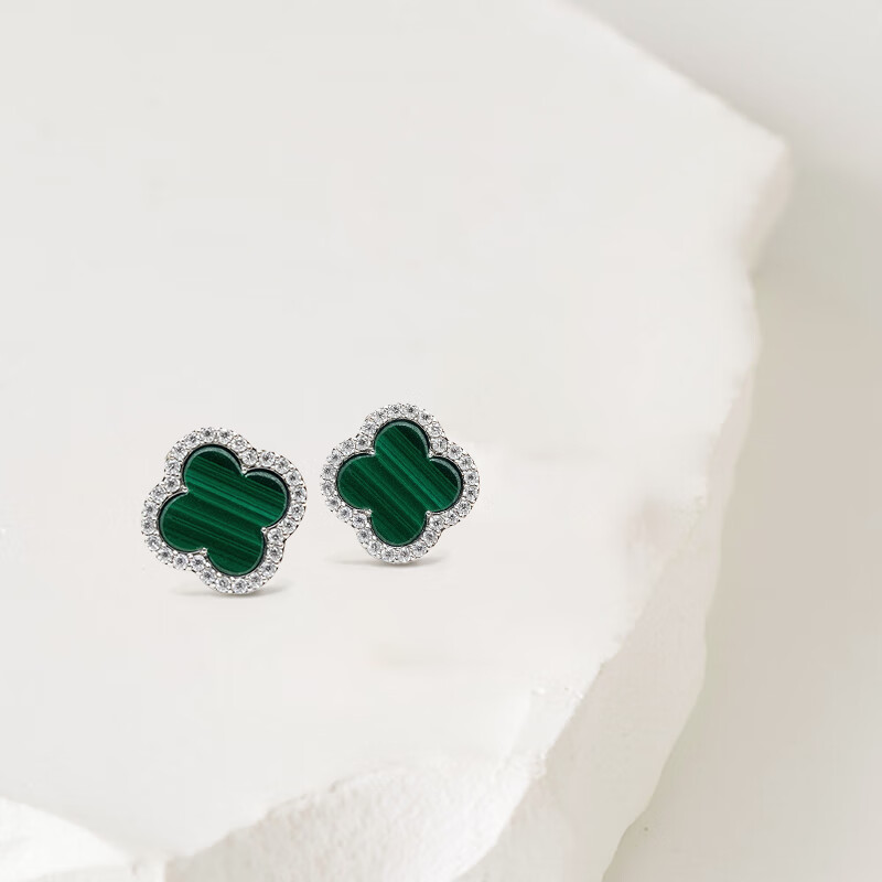 哈斯卡蔓绿孔雀手工镶嵌莫桑石耳钉四叶草耳钉简约百搭绿孔雀 可定制